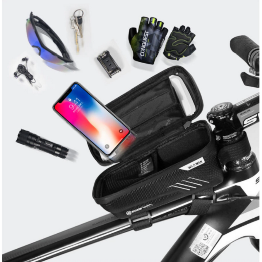 Eenvoudig te monteren zwarte frametas fietstas met klittenbandsluiting en telefoonhouder voor smartphones.