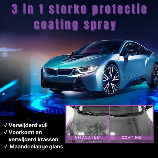 Glanzende rode auto na behandeling met 3-in-1 autocoating spray. Geeft diepe autoglans en langdurige bescherming.