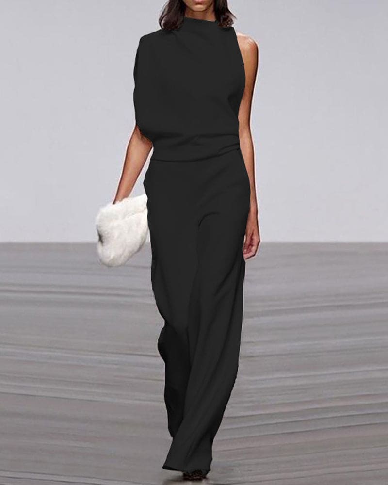 Veelzijdige effen dames jumpsuit met opstaande kraag, geschikt voor kantoor, feestjes en casual gelegenheden.