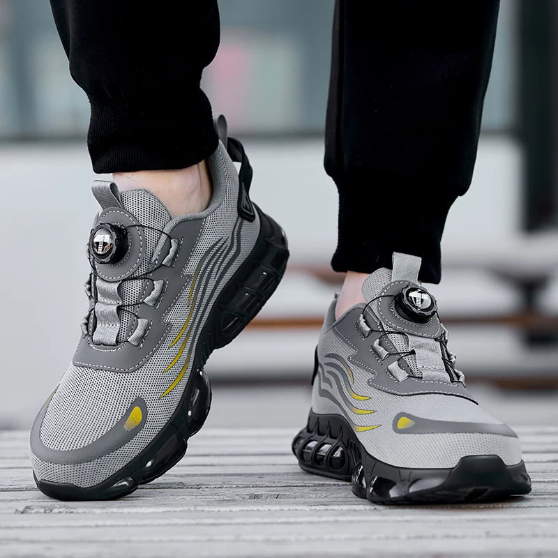Unisex veiligheidssneakers met stalen neus en draaiknop sluiting, voor comfort en veiligheid op het werk.