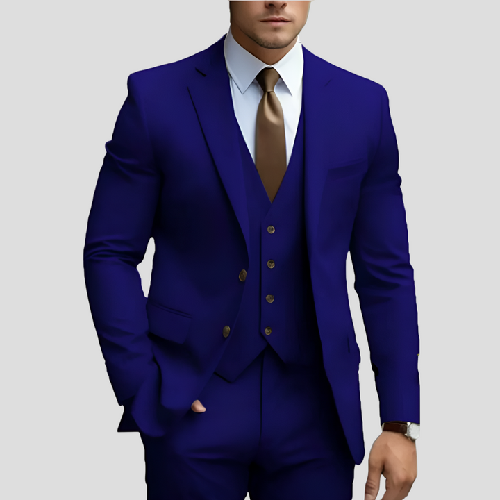 Elegant slimfit driedelig kostuum voor heren, ideaal als feestpak, bruiloftskleding of zakelijke mannenmode.
