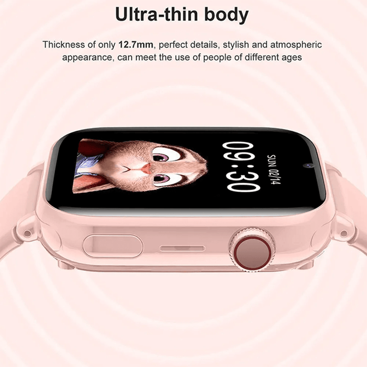 Roze kinderhorloge met GPS, 4G videobellen en veiligheidsfuncties voor jonge gebruikers.