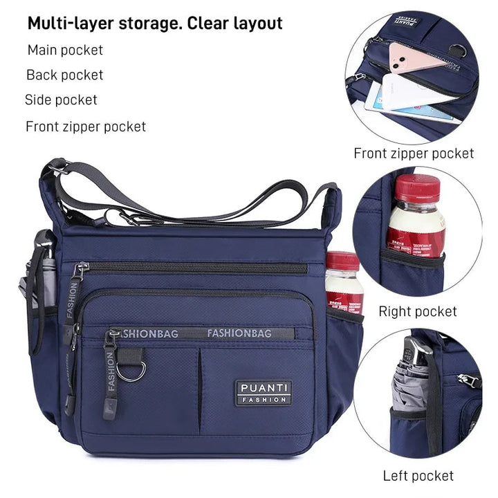 Comfortabele blauwe unisex slingtas, compacte dievenbestendige schoudertas perfect voor dagelijkse avonturen.