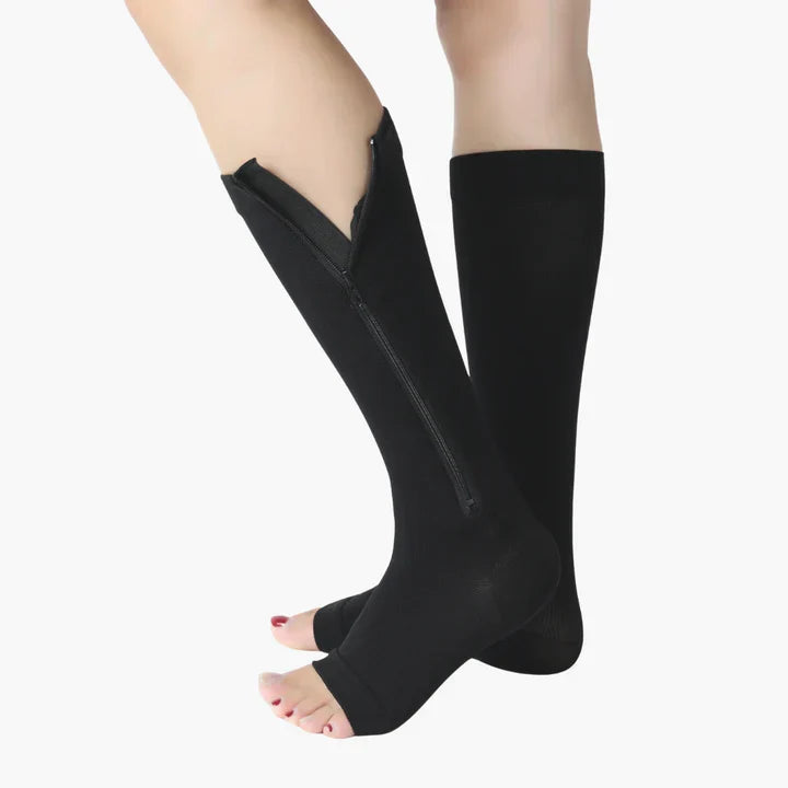 Unisex compressiekousen met rits en teenloze opening, voor gemakkelijk dragen en bloedsomloop ondersteuning.