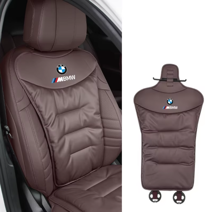 Zwart ergonomisch autorugkussen voor een verbeterde houding en lumbale ondersteuning tijdens lange autoritten.