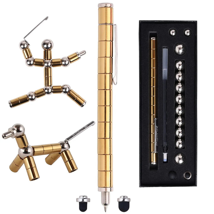 Modulaire magnetische pen, transformeert in diverse vormen, perfect voor fidgeting en stressvermindering.