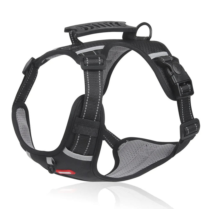 Robuust anti-trek hondenharnas van hoge kwaliteit voor actieve honden. Verstelbaar, reflecterend en comfortabel voor buiten.