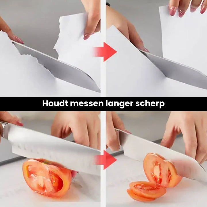 Duurzame messenslijper met wolfraamcarbide slijpstaven voor langdurig scherpe messen. Geschikt voor thuisgebruik.