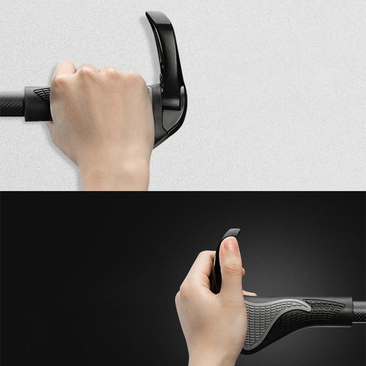 Detail van ergonomische siliconen fiets handvatten met aluminium klem, voor comfort en grip op jouw fiets.