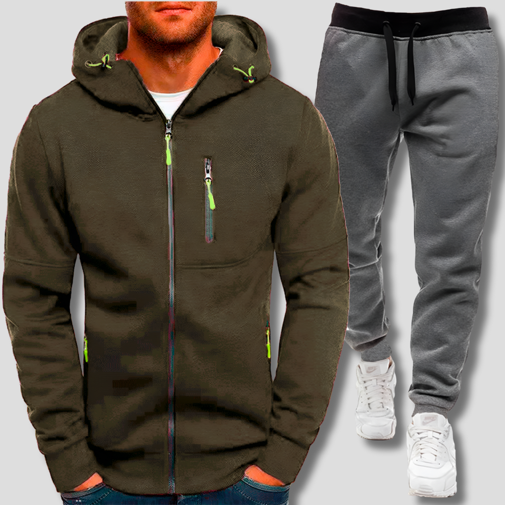 Comfortabel heren trainingspak met trendy pullover en broek. Ideaal als sportkleding, vrijetijdskleding of casual outfit.