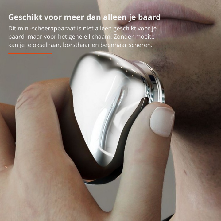 Compact heren scheerapparaat in actie, zorgt voor een gladde huid onderweg, altijd en overal.