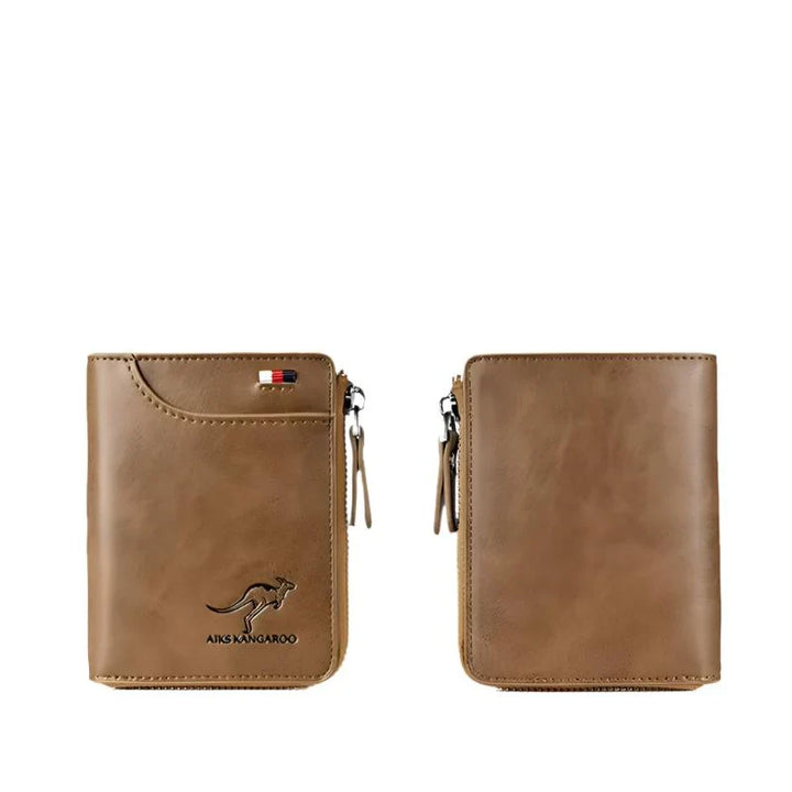 Detailopname van de slanke unisex RFID blokkerende portemonnee, ontworpen voor optimale veiligheid en comfort.