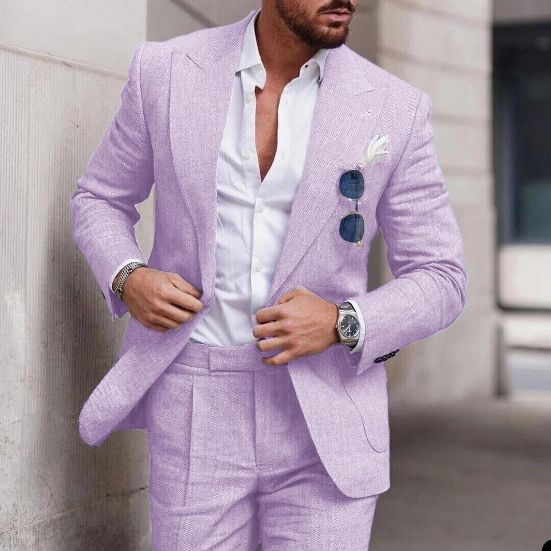Modern 2-delig herenpak van linnen in khaki, bestaande uit colbert en pantalon voor zomer.