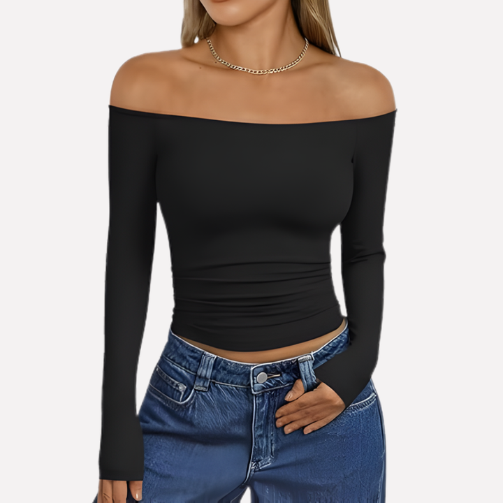 Comfortabele off-shoulder damestop met lange mouwen, elegant voor lente, zomer en herfst outfits.
