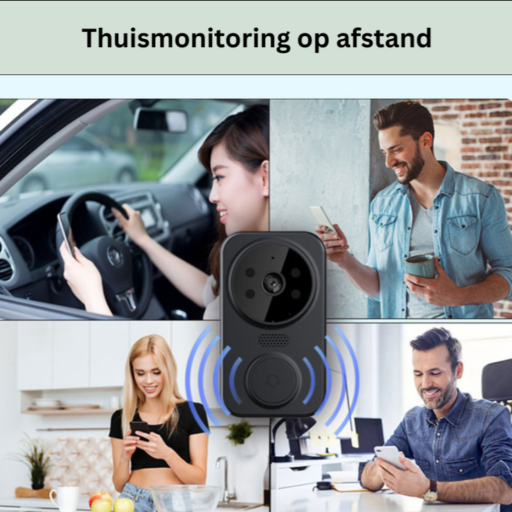 Zwarte slimme WiFi deurbel met nachtzicht camera, alarm en bewegingsdetectie voor 24/7 bewaking en veiligheid.
