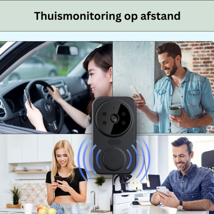 Zwarte slimme WiFi deurbel met nachtzicht camera, alarm en bewegingsdetectie voor 24/7 bewaking en veiligheid.