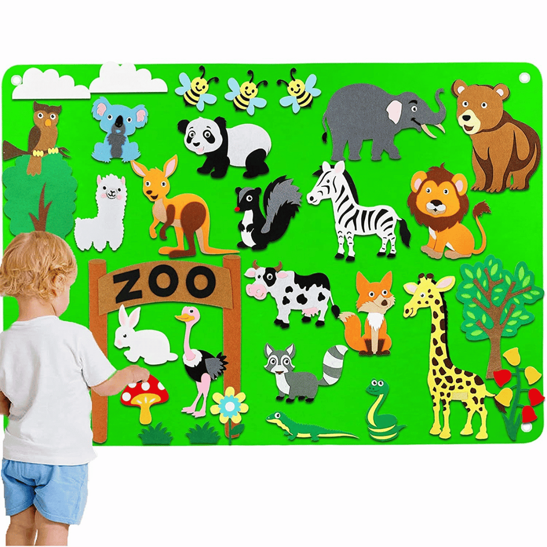 Peuter viltbord met dierentuin thema, interactief speelgoed dat verbeelding en fijne motoriek ontwikkelt.