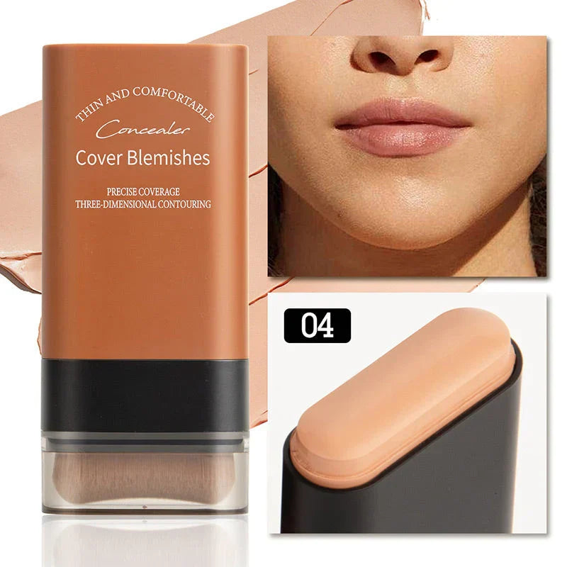 Close-up van de dames 2-in-1 foundationstick, ideaal voor foundation, concealer en contouring. Compacte make-up.