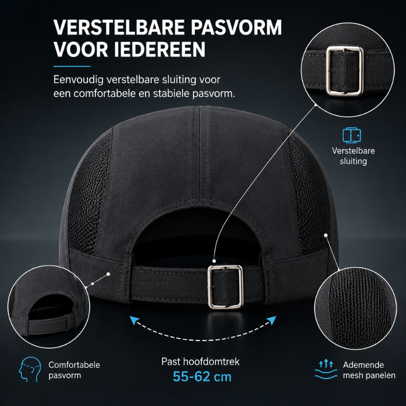 Verstelbare sportpet in lichtgewicht design, geschikt voor diverse sporten, outdoor en zomer.