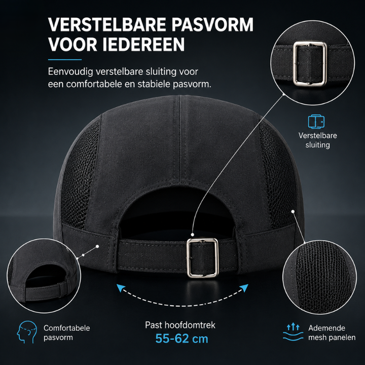 Verstelbare sportpet in lichtgewicht design, geschikt voor diverse sporten, outdoor en zomer.