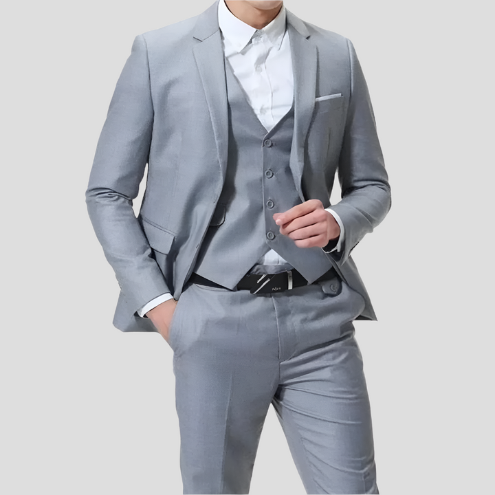 De pantalon van het zwarte driedelige herenpak, comfortabel met stretch en een moderne pasvorm voor heren.