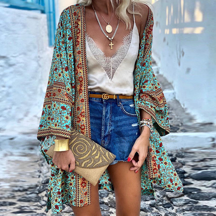 Stijlvolle dames boho kimono met levendige print, perfect als luchtig midi vest voor casual zomeroutfits.