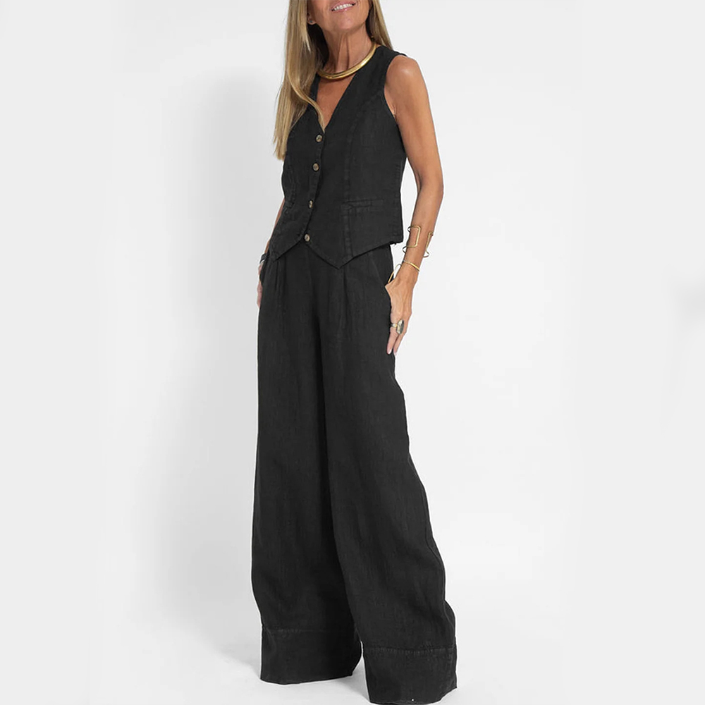 Chic mouwloos linnen pak voor dames, de ideale elegante en luchtige zomeroutfit.