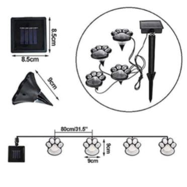 Groene energie hondenpoot solar lamp laadt overdag op en zorgt 's avonds voor sfeerlicht in de tuin.