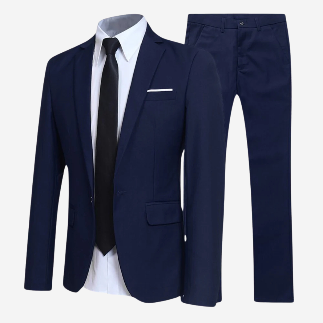 Detaillering van het Hoymans heren slim fit pak: een elegant colbert en bijpassende pantalon, ideaal voor formele gelegenheden.