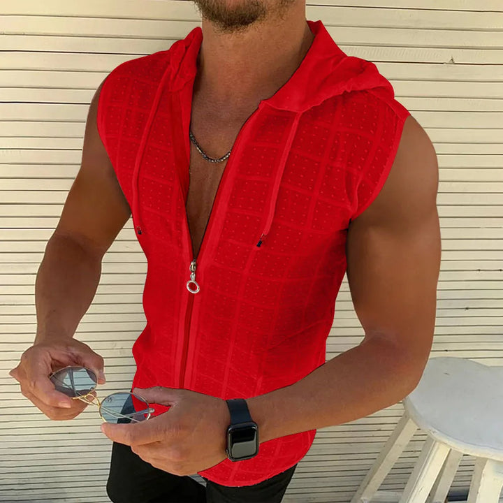 Modern heren shirt met capuchon, mouwloos. Ideaal voor een stoere urban zomerstijl en comfortabele kleding.