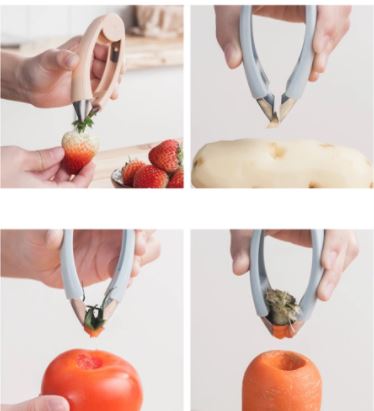 Duurzame blauw-oranje groenten- & fruitontpitter. Roestvrij staal keukenhulp voor langdurig gebruik.