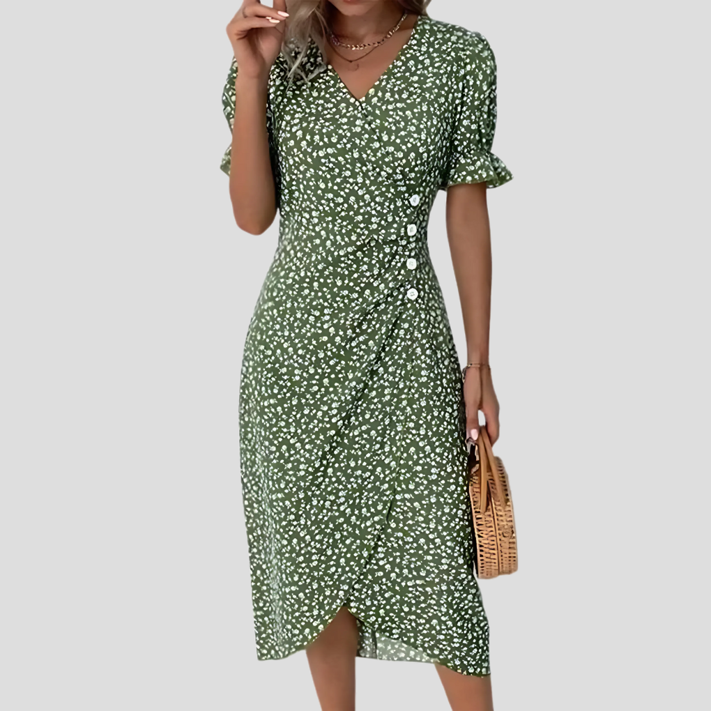 Comfortabele polyester dames midi jurk, bloemenprint, perfect voor feestjes, zomer en lente.