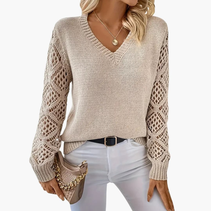 Dames fijn gebreide trui met V-hals en lange mouwen, ideaal voor een casual, stijlvolle look.