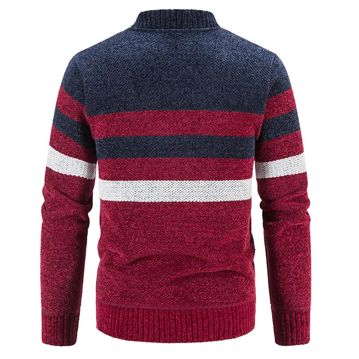 Gedetailleerd heren vest: warme strepen, stevige rits. Zachte stof, perfecte bovenkleding voor herfst/winter.