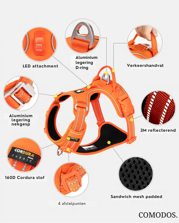 Ergonomisch hondenharnas met anti-trek functie, zorgt voor een comfortabele en gecontroleerde wandeling.