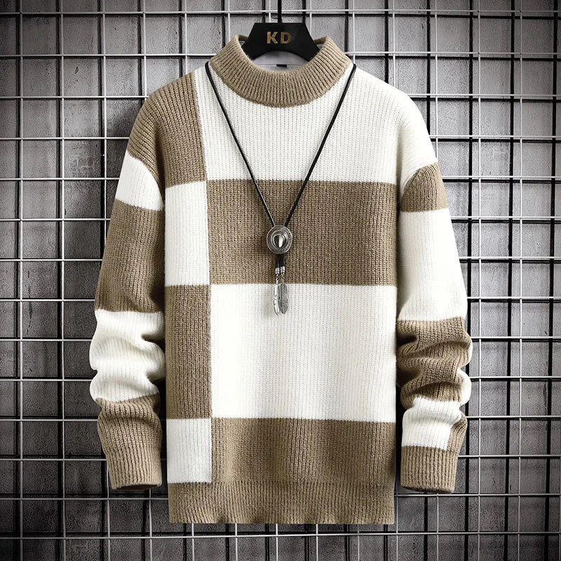 Comfortabele pullover voor heren met unieke geruite details en contrasterende kleurvlakken.