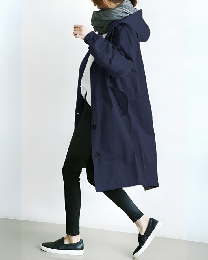 Elegante dames overkleding: losse pasvorm trenchcoat met verstelbare capuchon, warm en comfortabel.