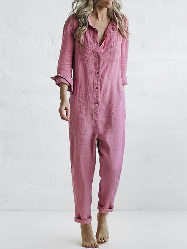 Comfortabele groene dames jumpsuit van Hoymans, met modieuze knoopsluiting en enkellengte, ideaal voor de zomer.