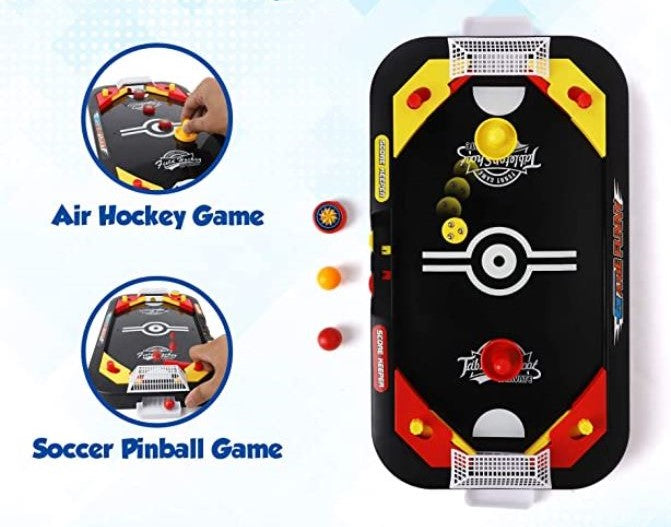 Compact mini tafelhockey speelgoed op tafel, klaar voor een duel; perfecte binnenactiviteit of kindercadeau.