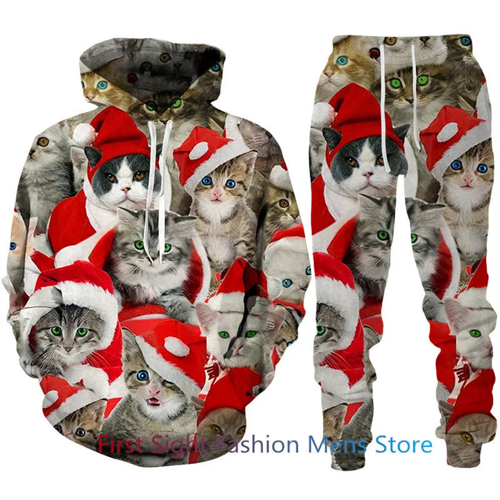 Heren feestelijke loungeset met capuchon en joggingbroek. Comfortabel kerst huispak met unieke print.