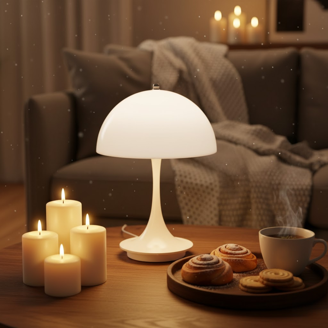 Draadloze oplaadbare LED tafellamp; moderne sfeerverlichting voor interieur design.