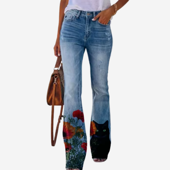 Trendy Hoymans damesbroek: flare spijkerbroek met unieke print en wijde pijp voor comfort.