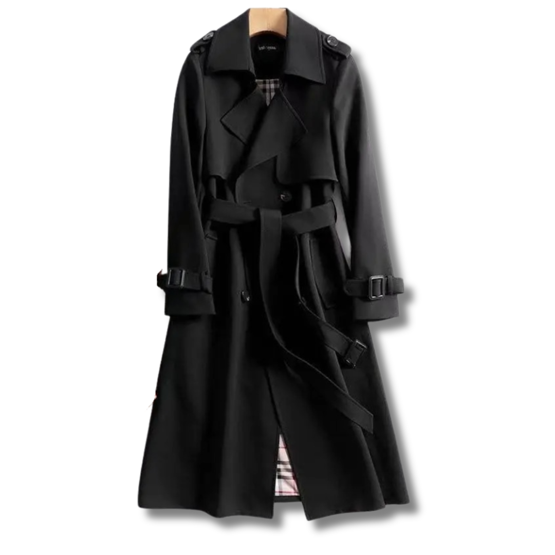Comfortabele zwarte winterjas voor dames, tijdloze trenchcoat-stijl, veelzijdig voor elke gelegenheid.