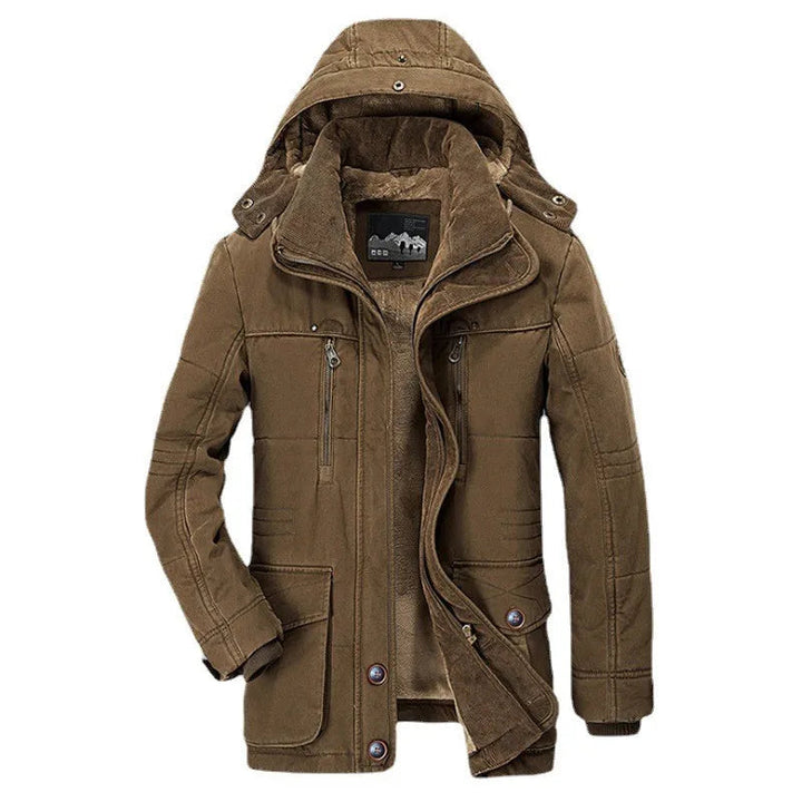 Donkere heren winterparka met rits en drukknopen, winddicht en comfortabel.
