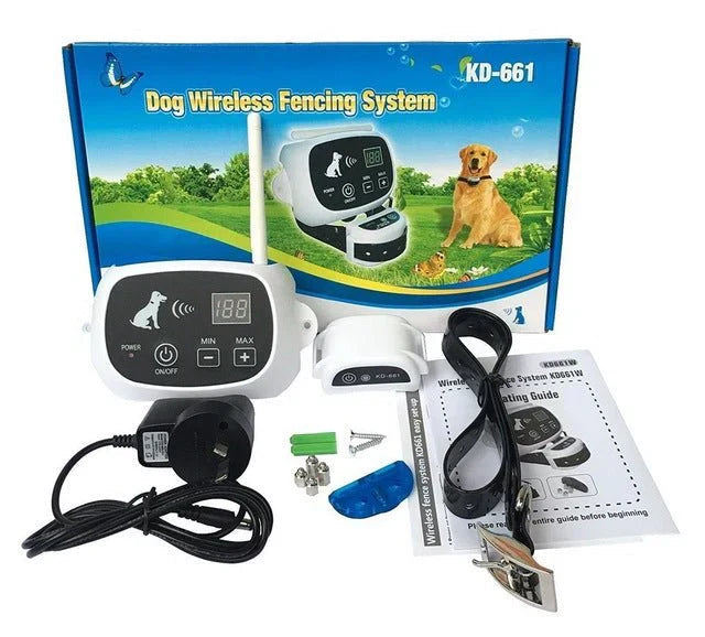 HaloGuard draadloos systeem: basisstation en waterdichte trainingshalsband voor huisdierveiligheid.