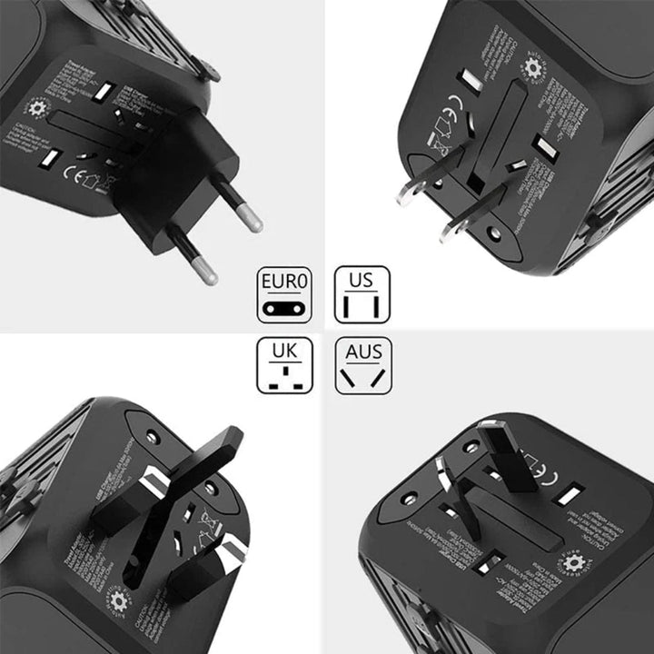 Universele adapter met specifieke stekkers voor gebruik in Amerika, Europa, VK en Australië; USB-C compatibel.