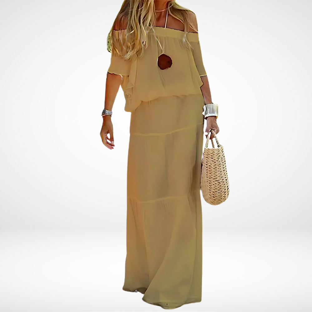 Hoymans dames off-shoulder maxi jurk. Elegante en luchtige chiffon strandjurk, ideaal als zomer- of vakantieoutfit.