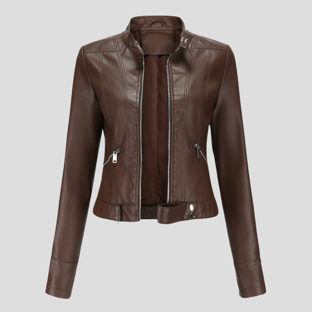 Stijlvol damesjack met asymmetrische rits en leren look, slim fit en getailleerd voor de modebewuste vrouw.
