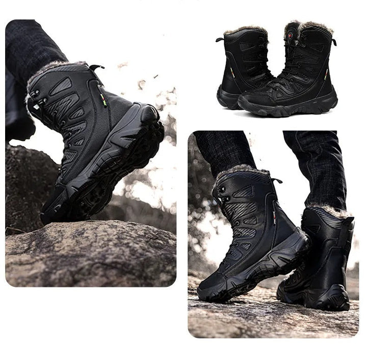 Man loopt door de sneeuw met stoere, waterdichte kaki heren snowboots; perfect voor winterwandelingen.
