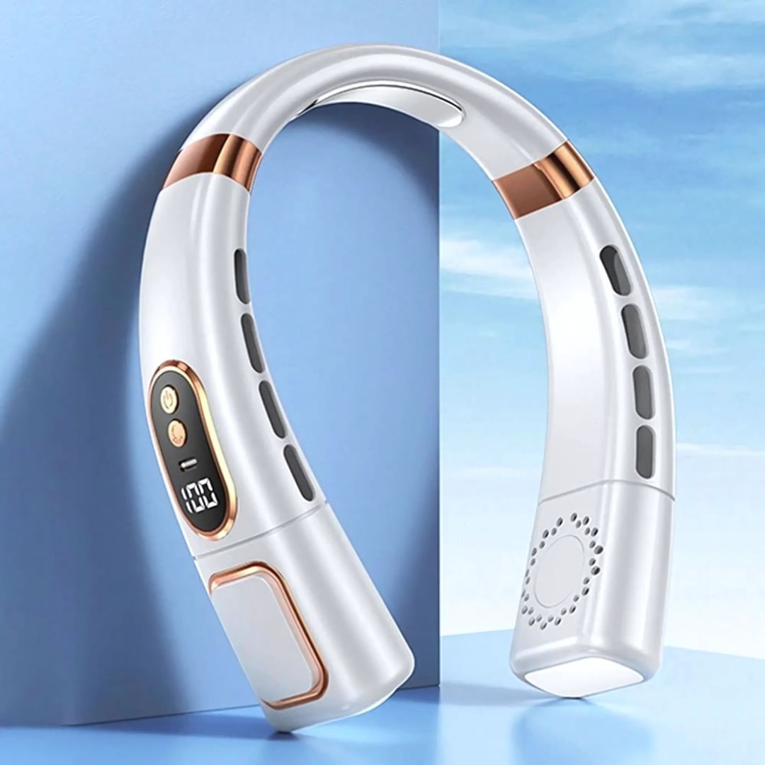 Stijlvolle bladloze nekventilator, 360° koeling. Digitale display, unisex en USB oplaadbaar voor comfort.
